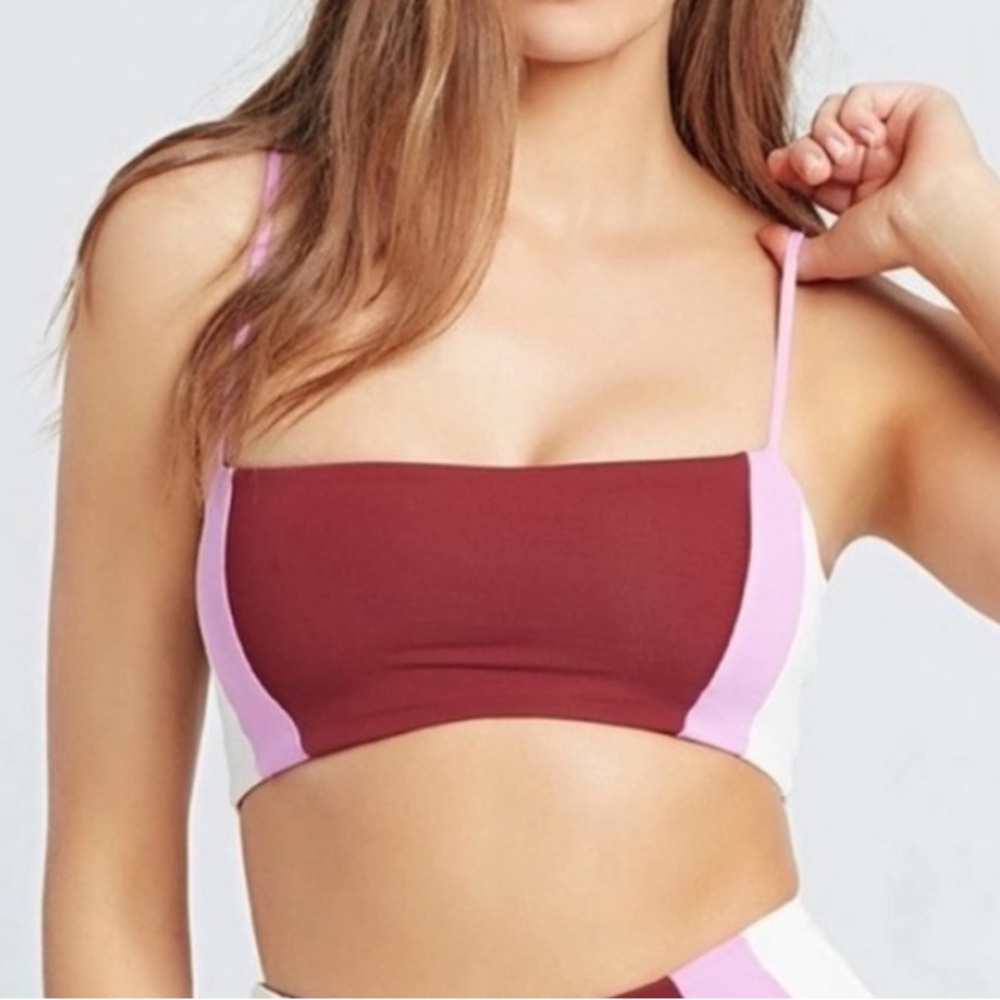 L*Space Maroon Purple Stripe Colorblock Rebel Heart Bikini Top Swimsuit Sporty
